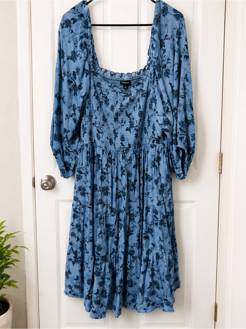 Blue Floral Smocked midi Dress
